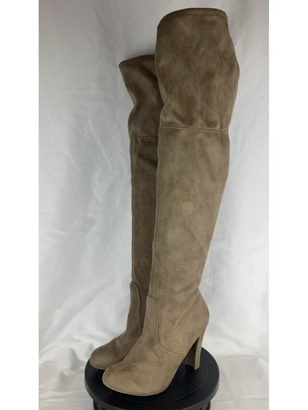 Women's Size 9 VIVIAN Tan Faux Suede Over The Knee High Heel Boots Tie Back Zip